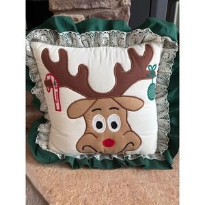 Christmas Reindeer Face Green Throw Accent Pillow Hand Stitched Lace Decor
15X15
